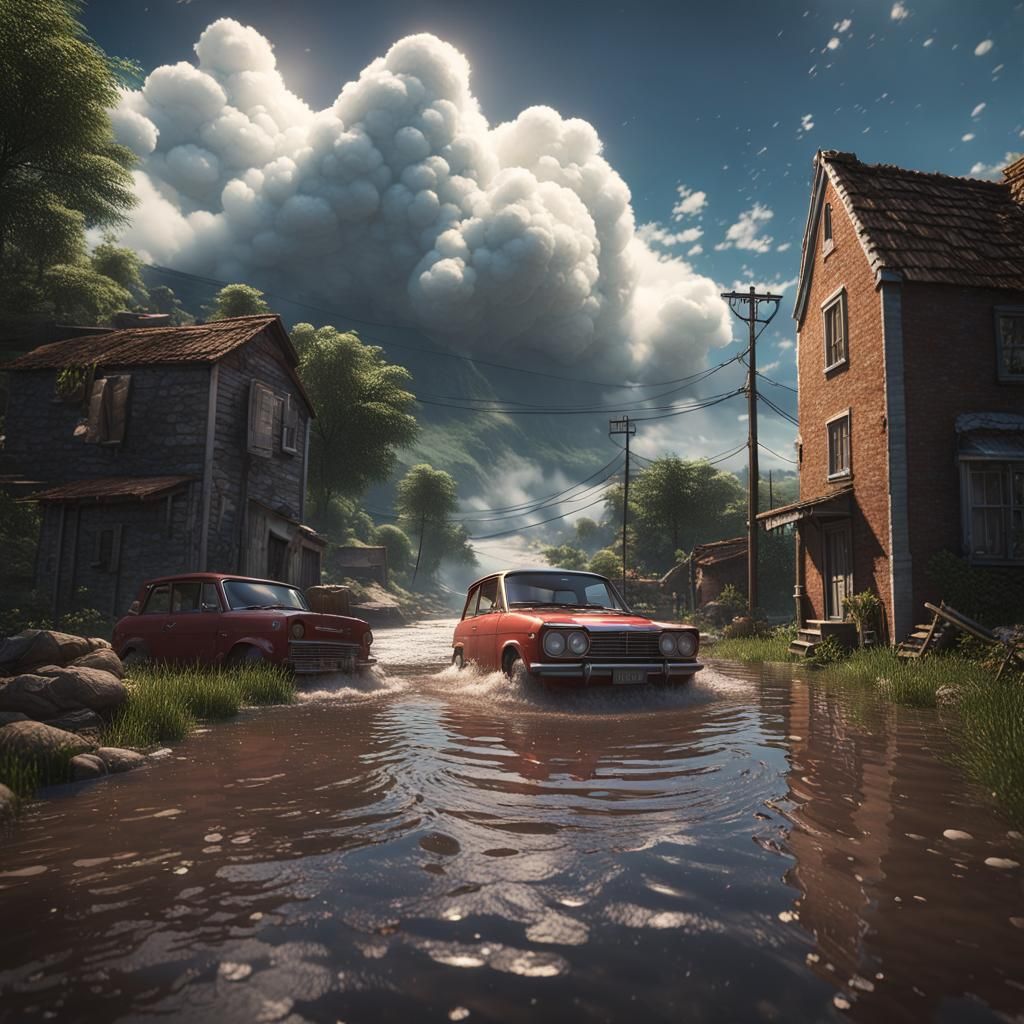 A flood sweeping away cars, houses and other valuable posses...