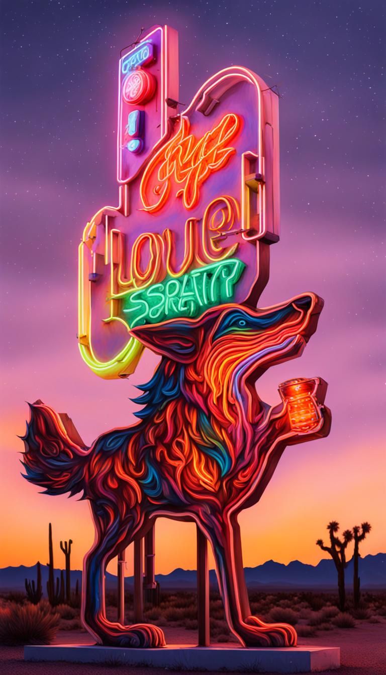 Coyote neon sign by a restaurant on a desert road at night, graffiti ...