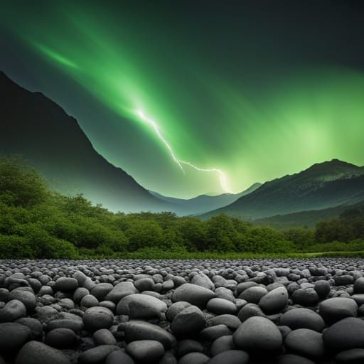 Stone beach and high mountains, green lightning