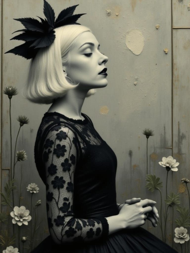 A modern day Goth girl, albino white hair, deathly pale skin, white lace dress with a white atmospheric background collage <lora:Atmosphere ...