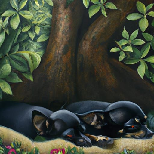 the two black chihuahuas sleeps in the paradise forest under...
