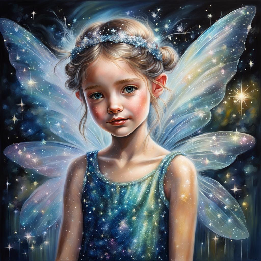A very realistic painting of a sparkly fairy, visible brushs...