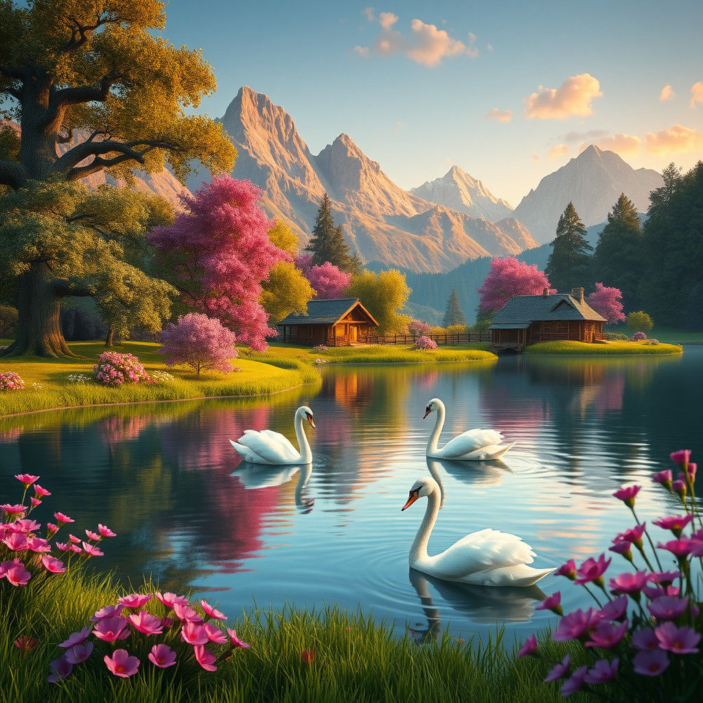 Tranquil Lake with Swans: A Serene Landscape Painting