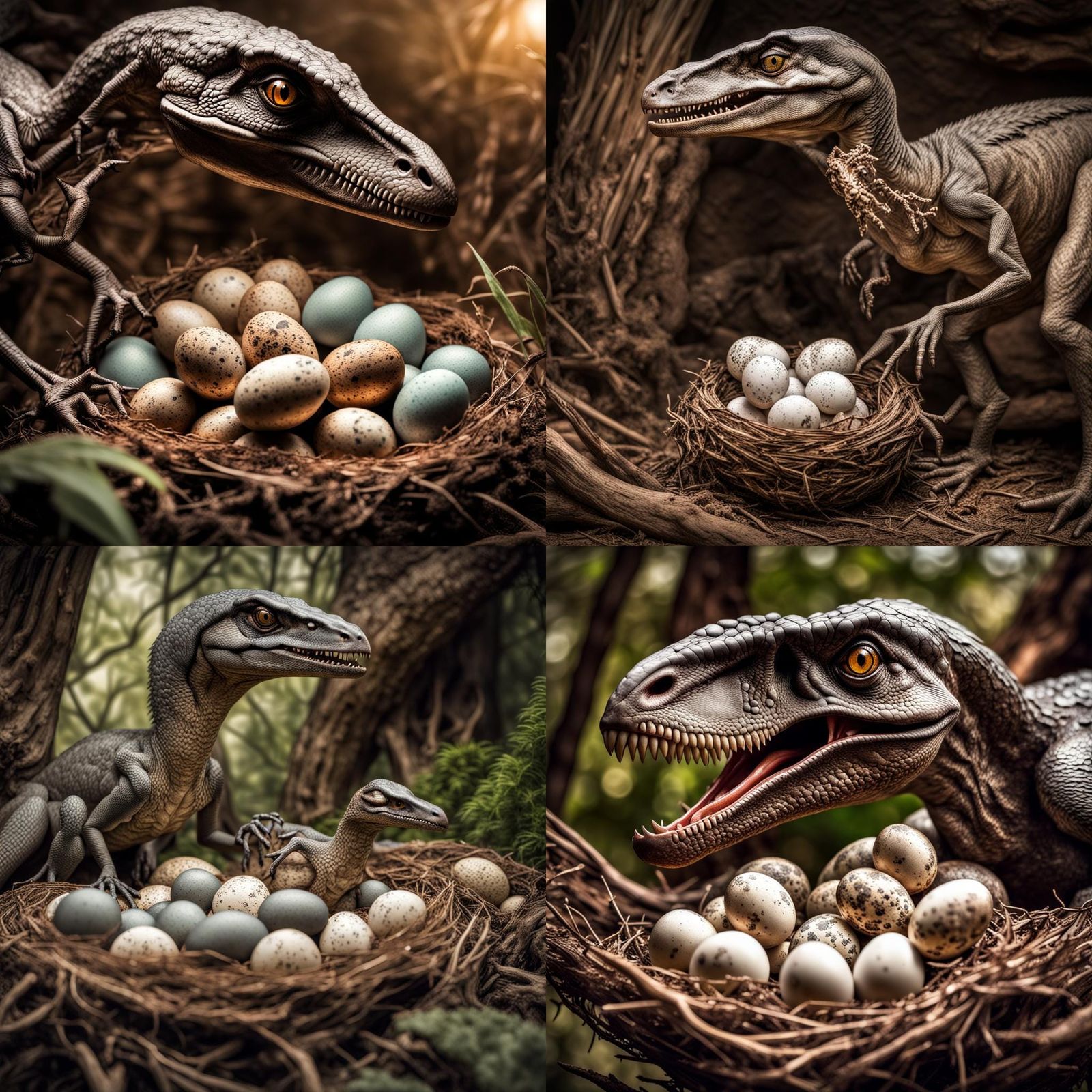 Velociraptor on her nest with a baby dinosaur eggs juts hatched ...