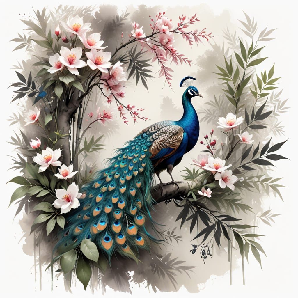 Traditional Chinese Peacock Portrait in Lush Garden  by @Kosh