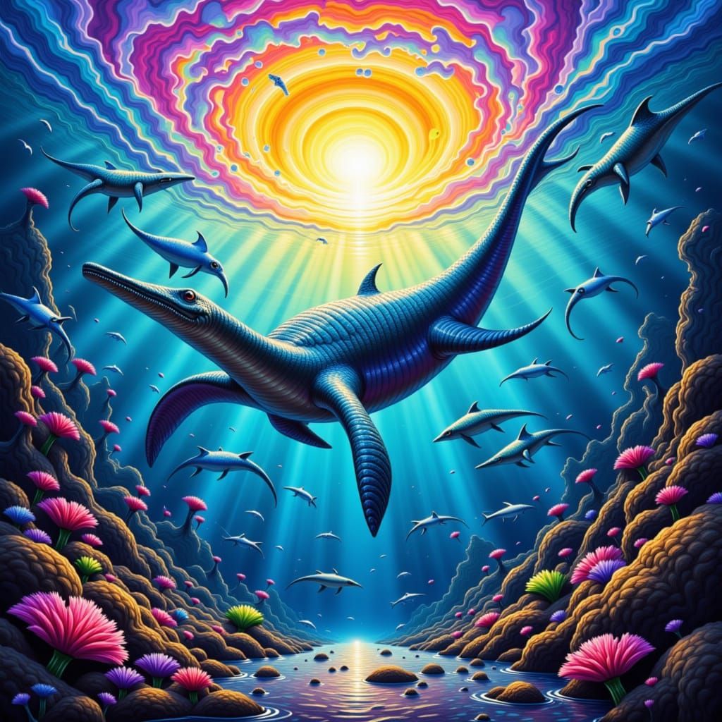 Hyperrealistic splash art. Mid shot. Plesiosaurs swim through ocean. Close up. Vibrant oil gouache. Melting colors. Soft radial gradient bac...