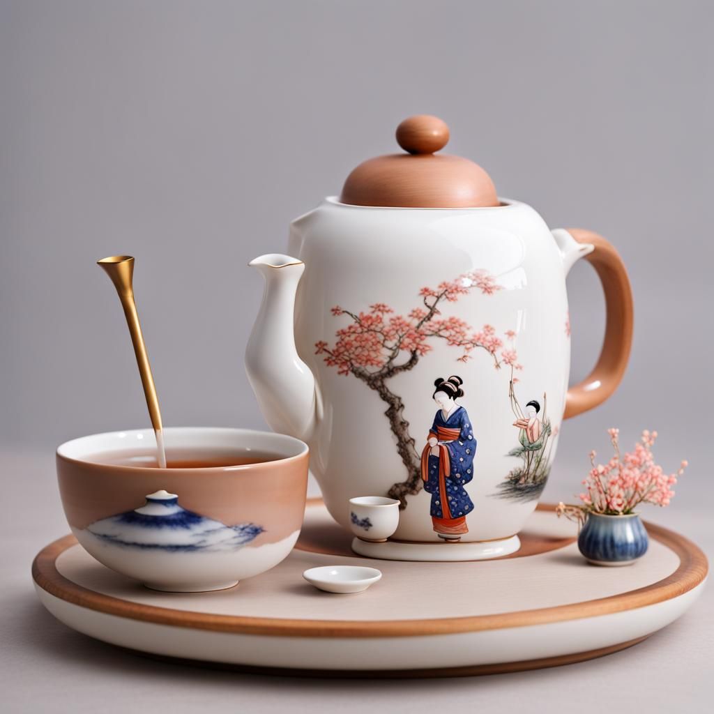 bone china pretty clay teapot,  Japanese women pouring tea, tea pouring ceremony   by @Blackletter