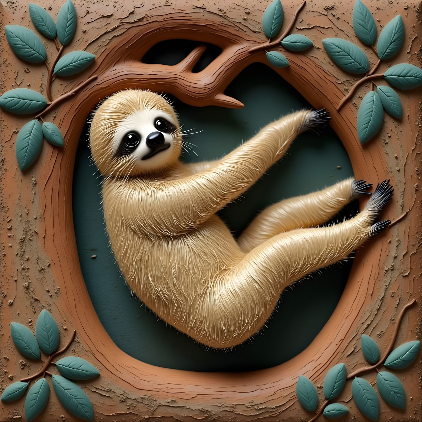portrait of a sloth hanging upside-down in a tree, , arts and crafts, texture, mixed media, <lora:Texture Craft:1.0> 