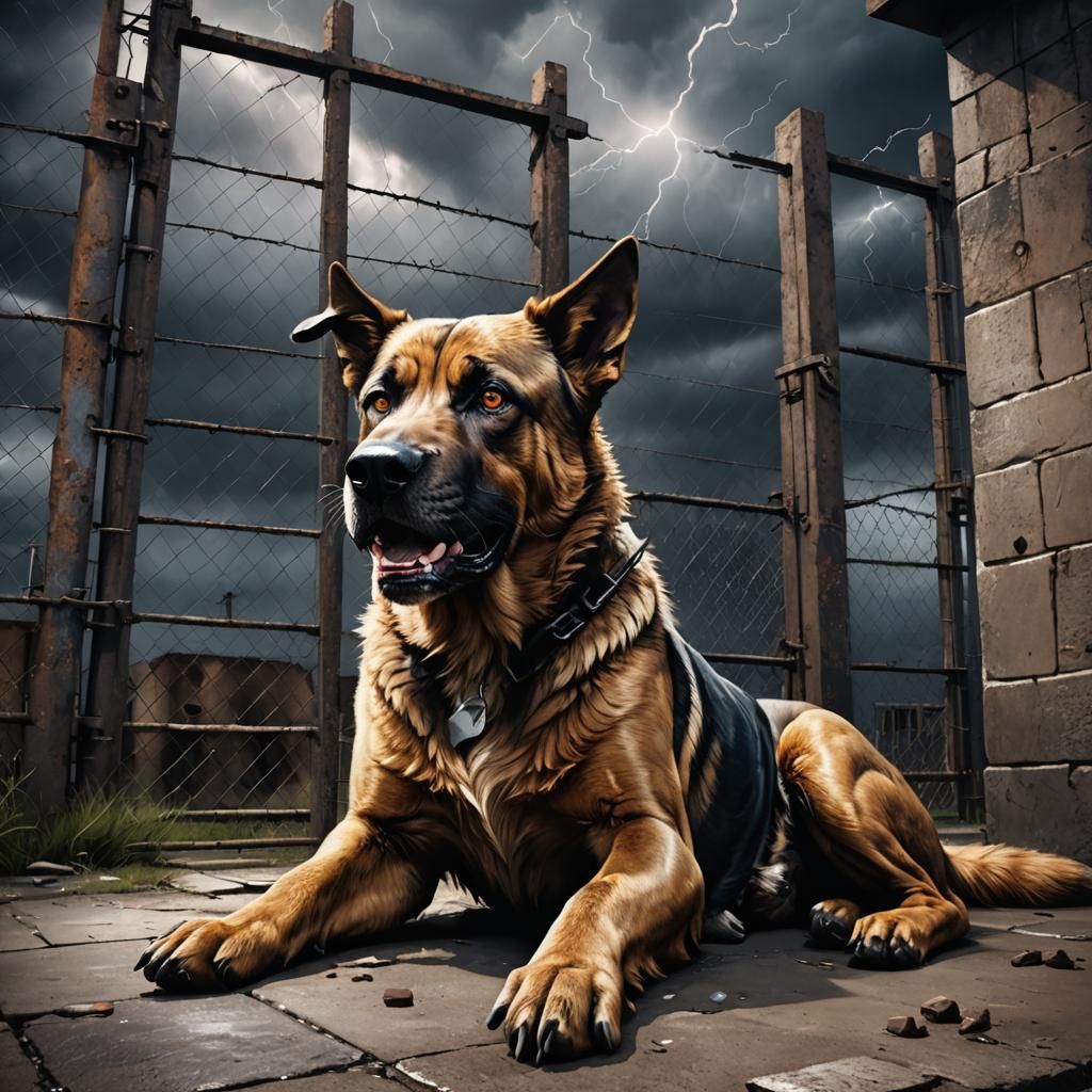 Giant Guard Dog Protecting Prison in Digital Painting