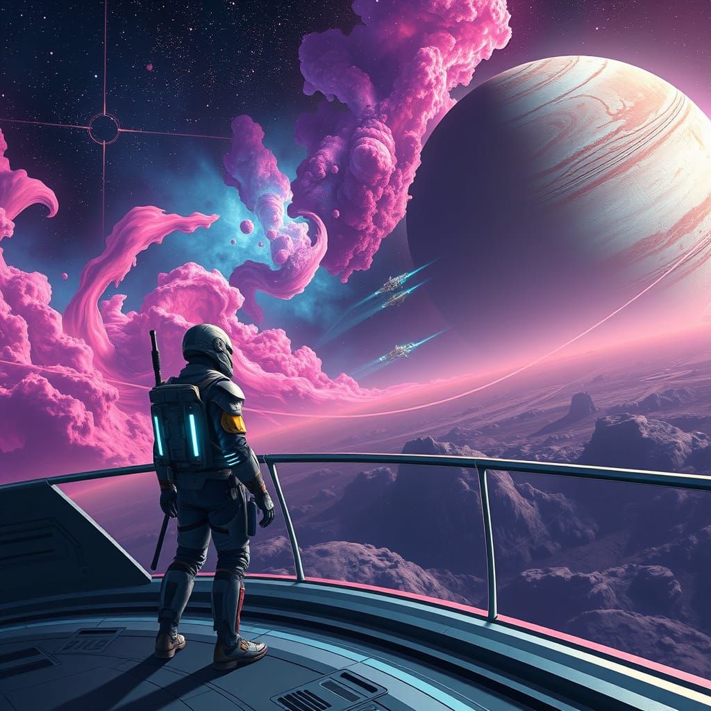 a breathtaking scene of a galactic adventure set in the vastness of space, filled with vibrant, otherworldly ...  by @klausikus