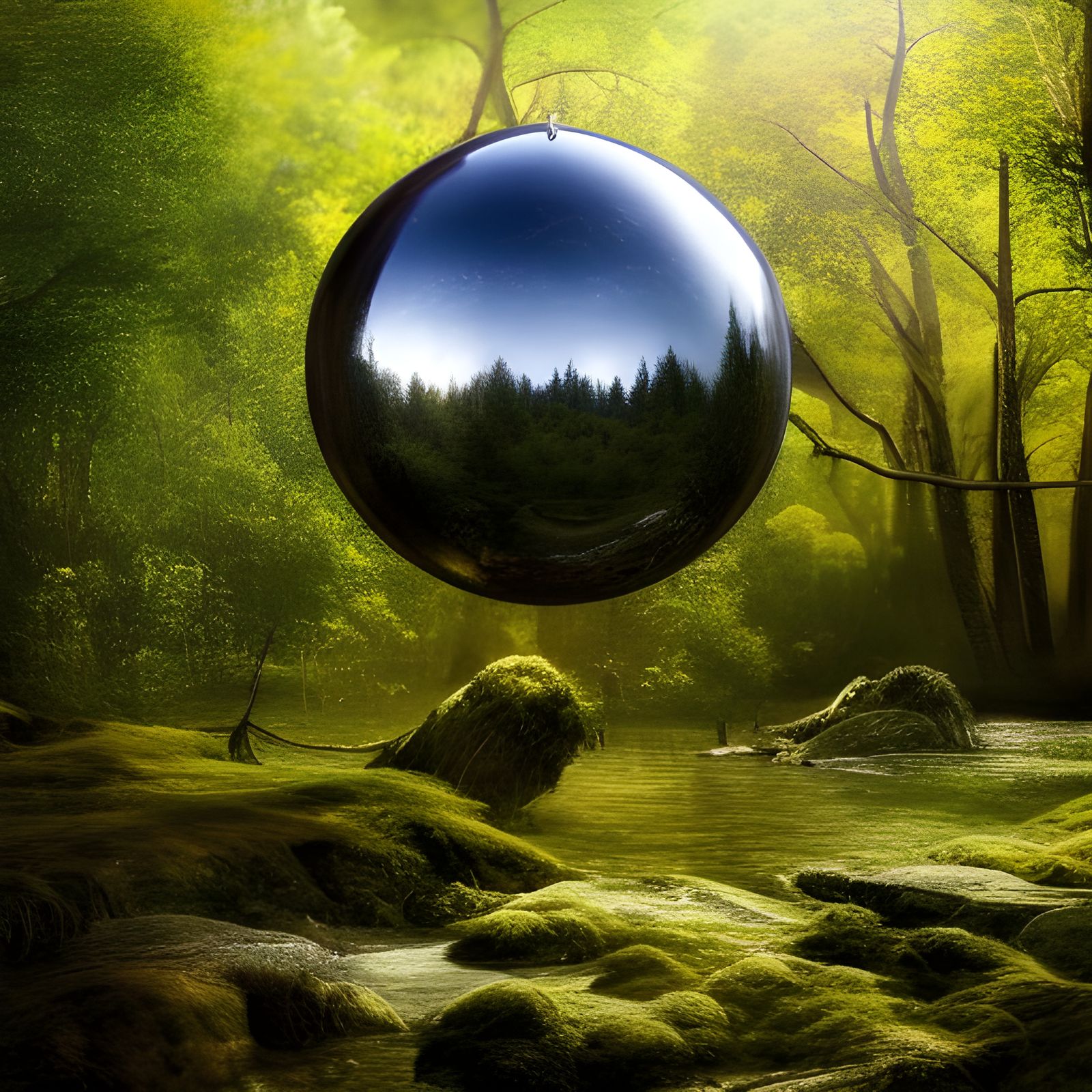 Metal sphere with reflections in the forest