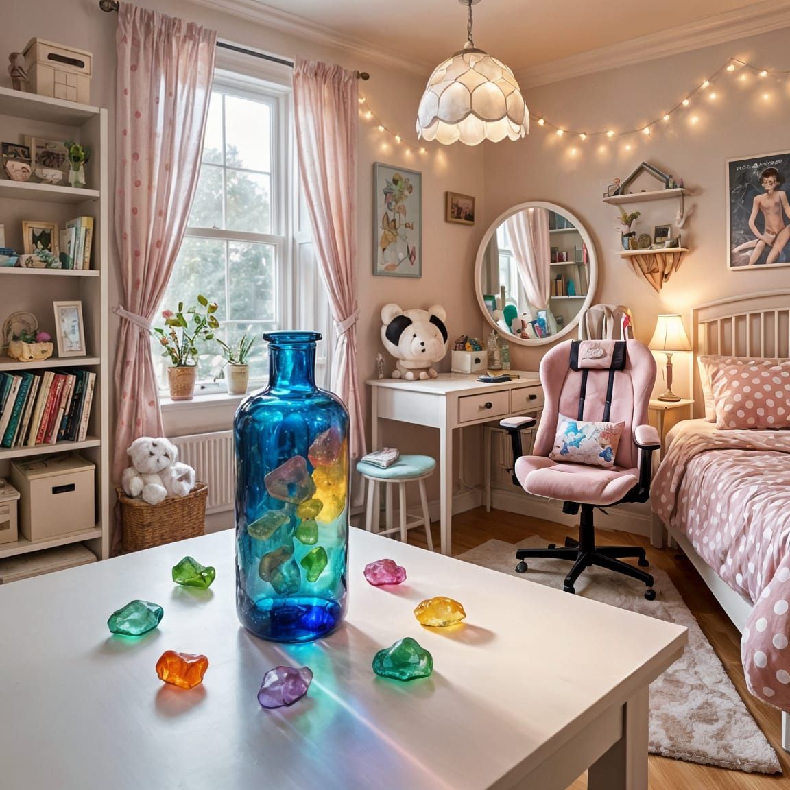Rainbow Sea Glass and Herbarium Bottle on White Table