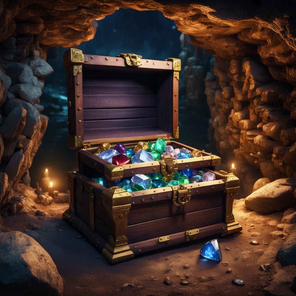 Beautiful olld fashioned wooden treasure chest full of large, rare gems