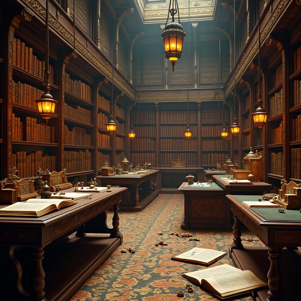 Ornate Jewish Study Chamber with Ancient Hebrew Texts