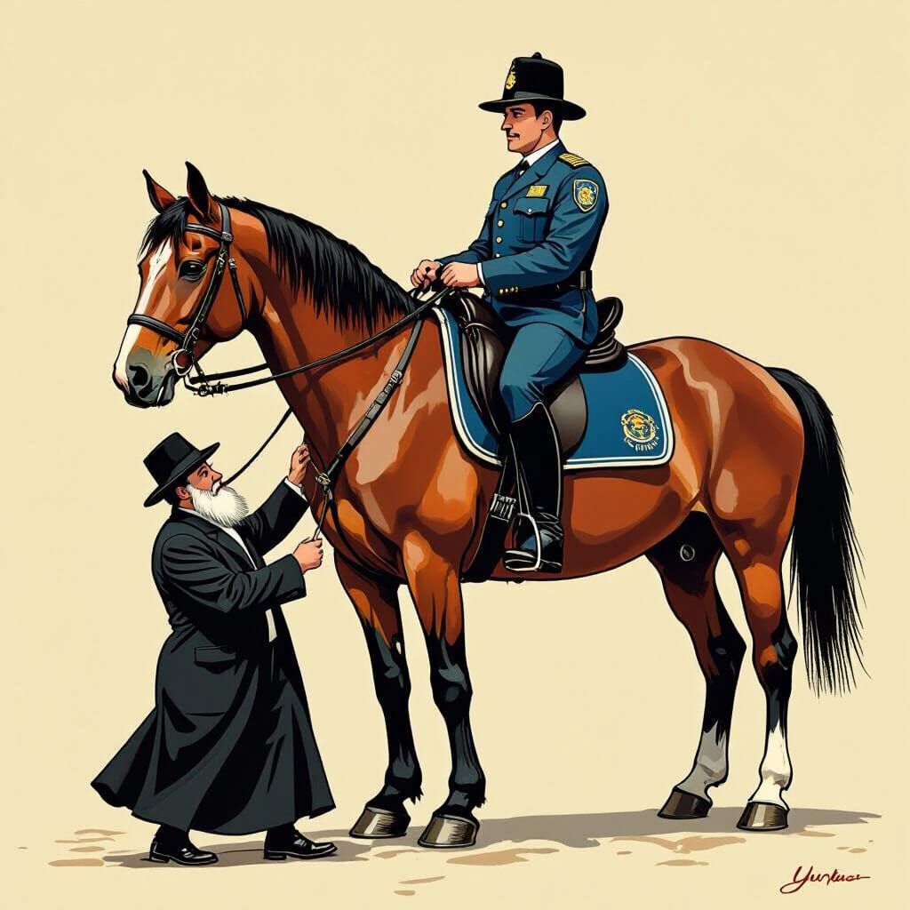 Ultra-Orthodox Man and Police Horse in Caricature Style