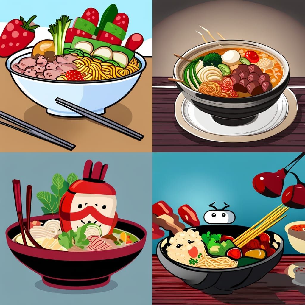 Animated ramen bowl character with veggies and meat slices - AI ...