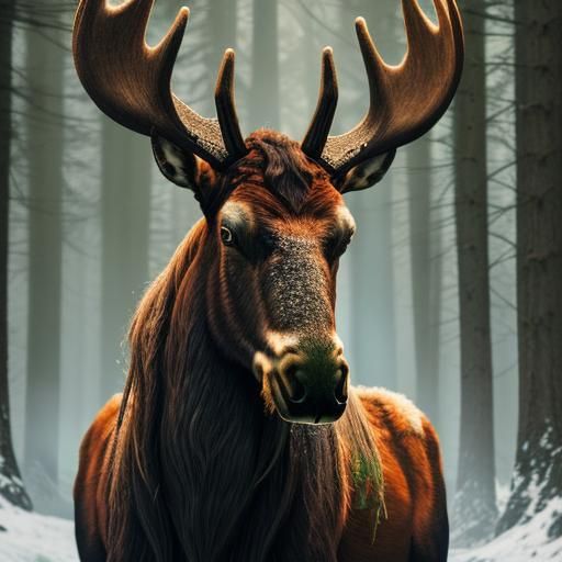 Celtic tattooed moose. Green eyes and extremely long curly h...