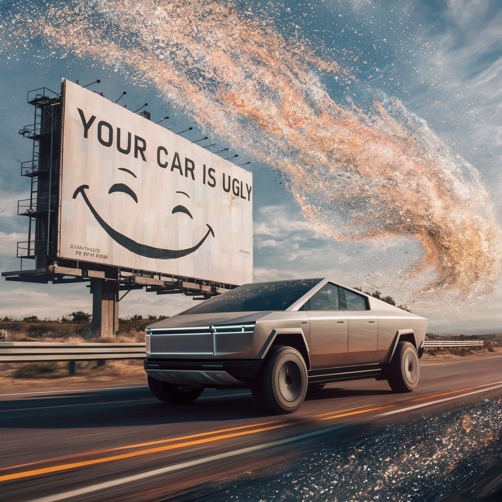 Tesla Cybertruck Cruises Past Billboard with Cosmic Glitteri...