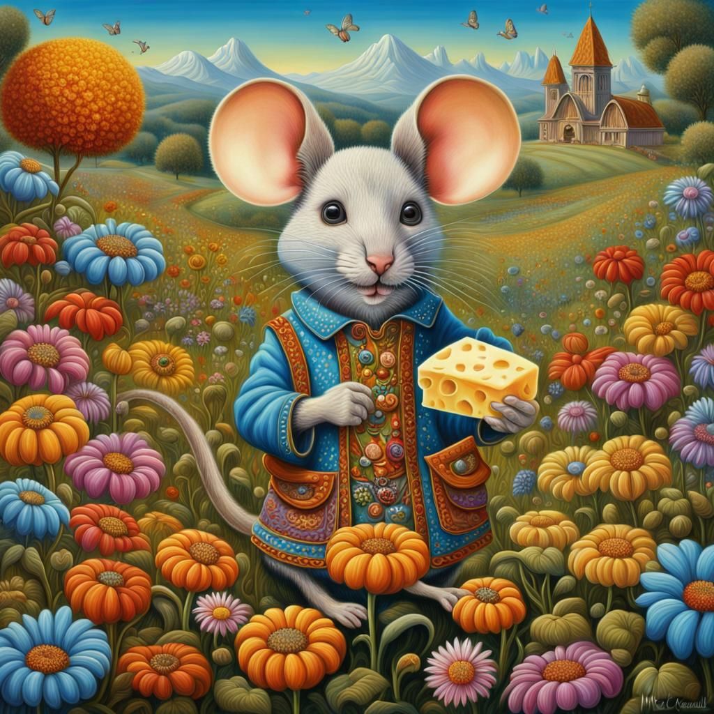 Mouse as Hippie Eating Cheese: Surreal Oil Painting