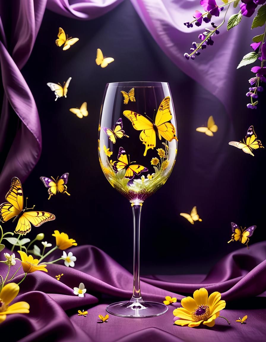 Gauzy fabric; flowers laying on the fabric; butterflies flyi...