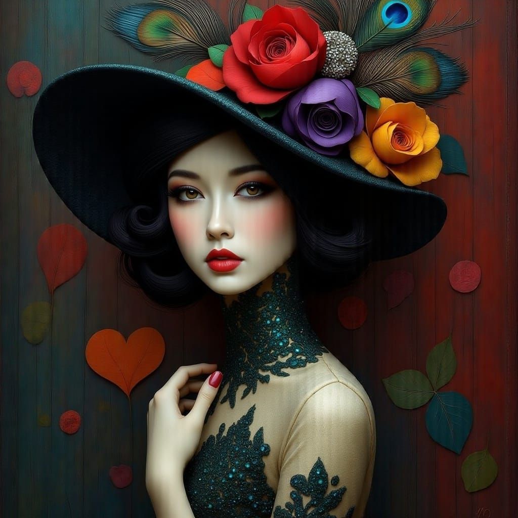 <lora:A LITTLE SURREAL:1.0> a dark haired woman in a fancy hat; the hat is a little surreal, adorned with crystals, peacock feathers and flo...