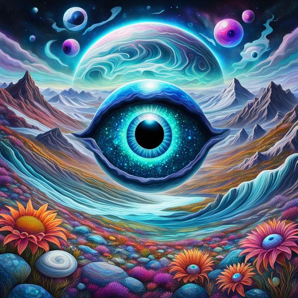 Cosmic eyeball and wavy flowers above planet tundra 8k resol...