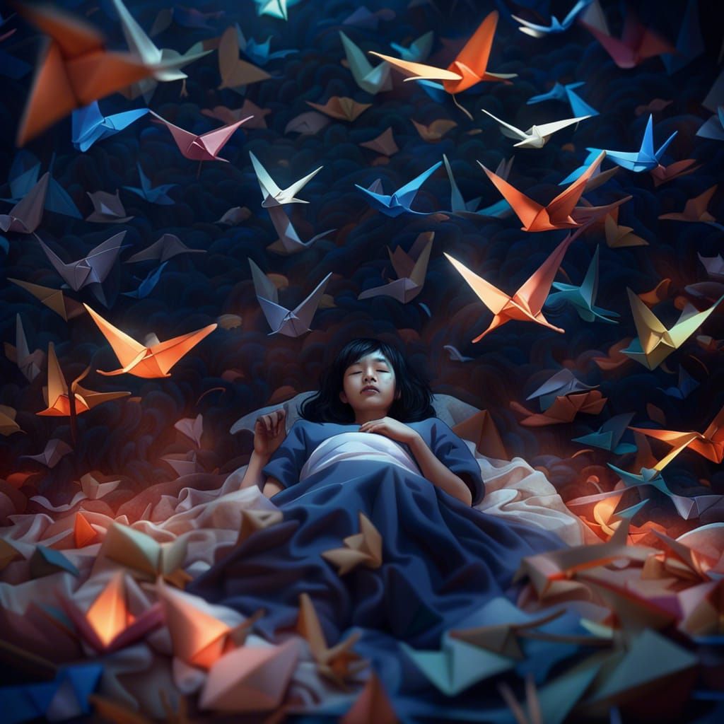 Sadako Sasaki fron Hiroshima sleeping in an hospital bad surrounded by