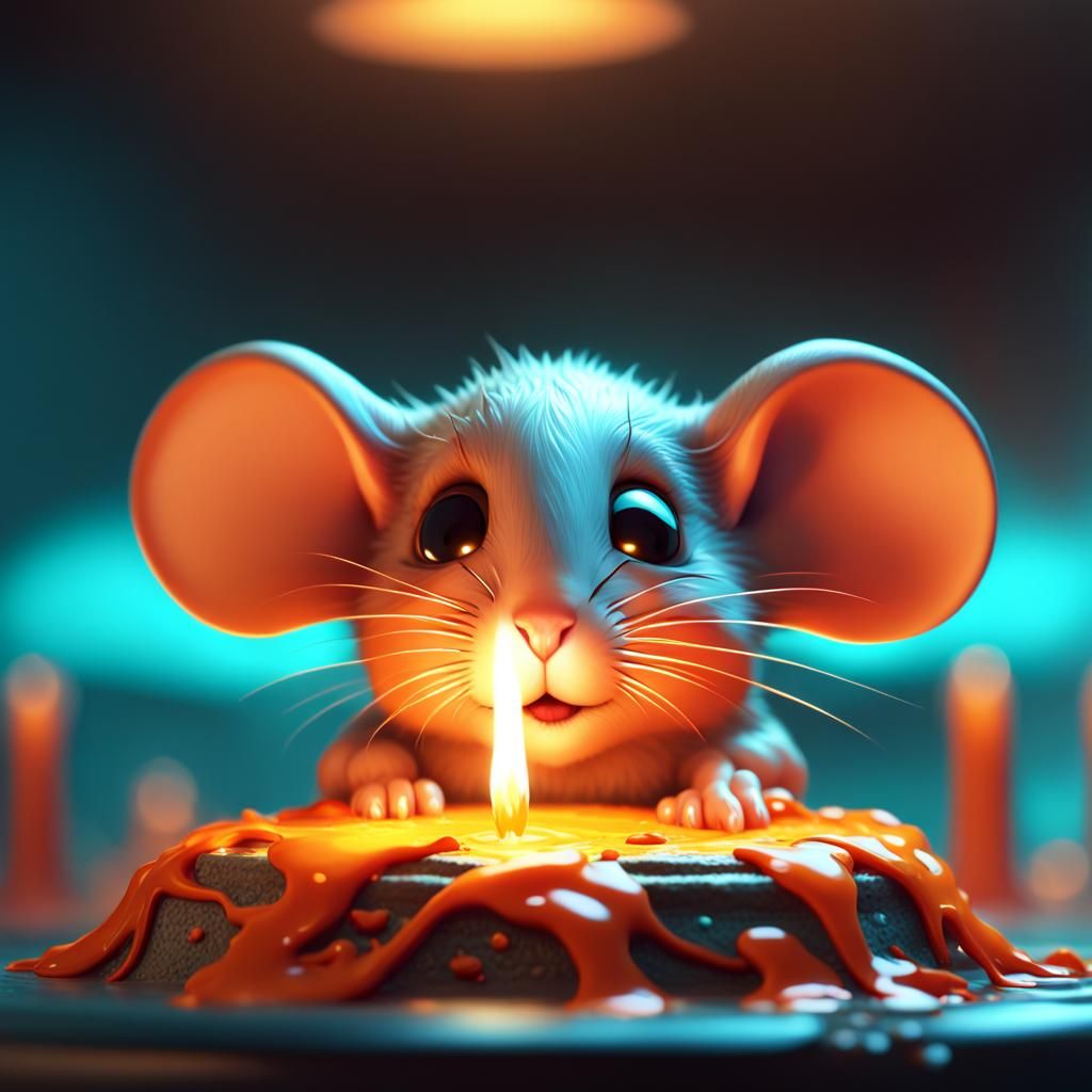 curious and cute little mouse. with fiery hairs on top of a melting candle  by @undefined