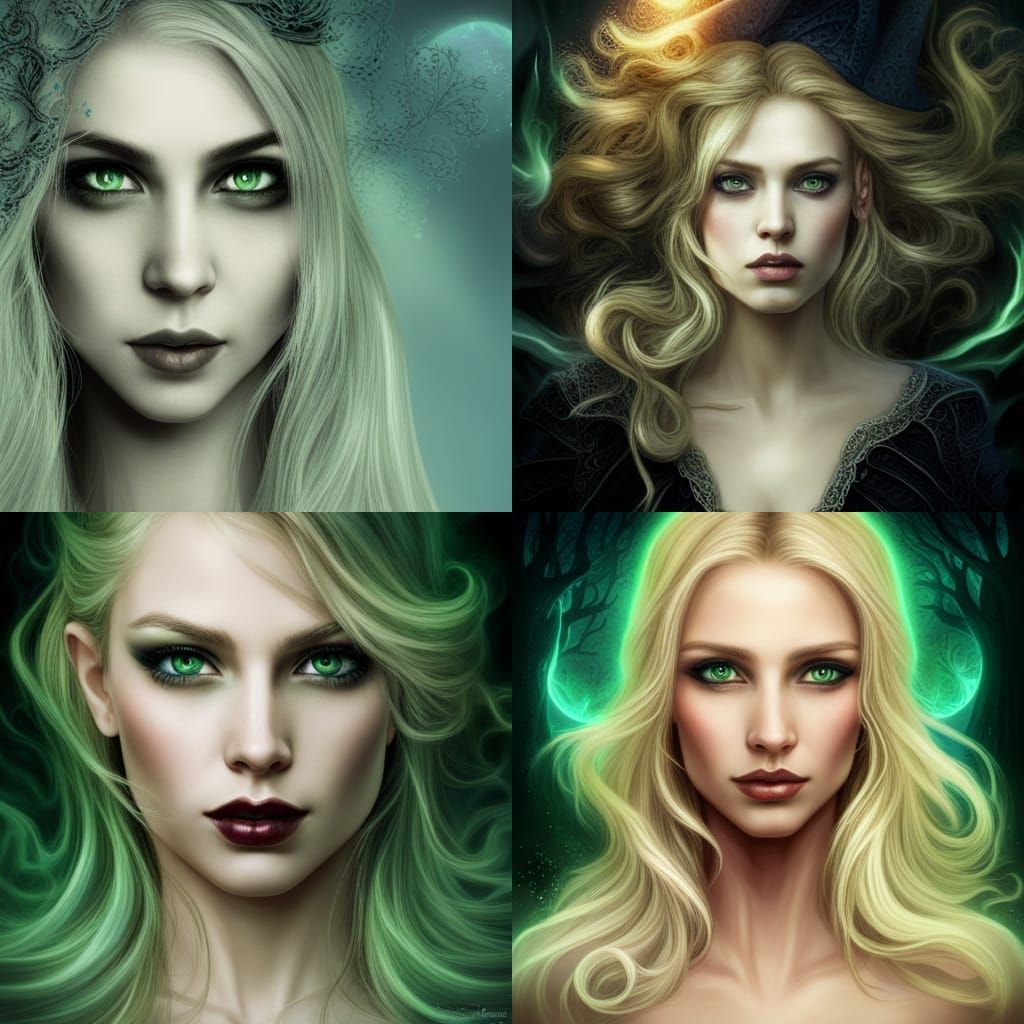 Beautiful blonde witch green eyes ethereal fantastical fantasy - AI ...