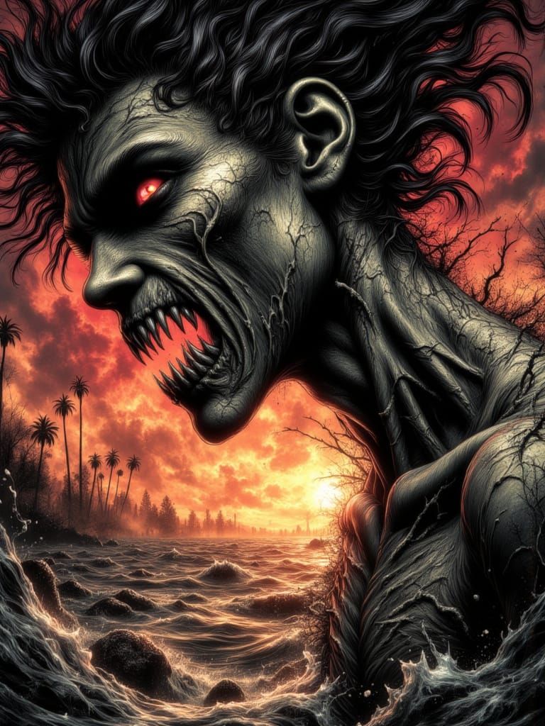 Dark creature. Wide aperture: f/2.8, bold black ink, sketchy line art, rough outlines, limited palette (ashen beige, deep crimson, muted ste...