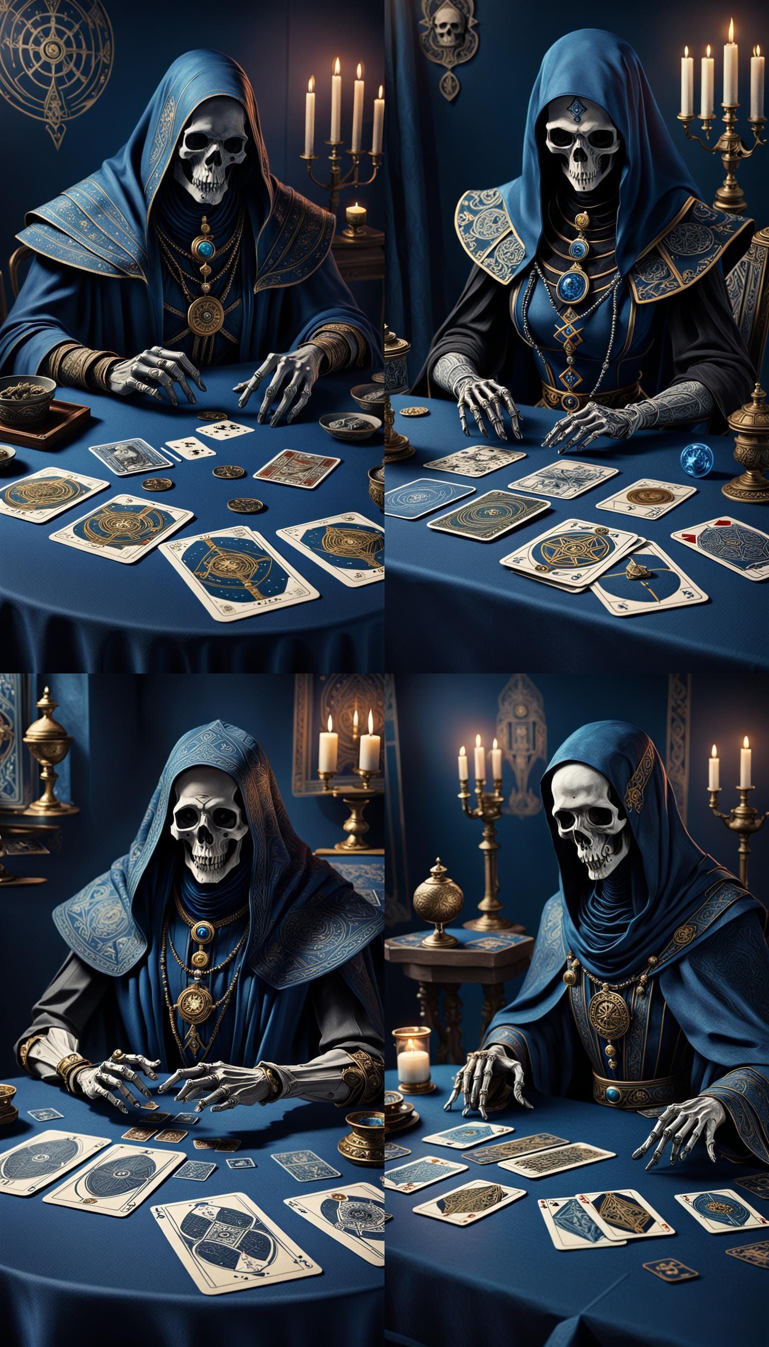 A necromancer sits at a table, a deck of tarot cards sits, splayed  on a royal blue table cloth (the cards carry hyperde...