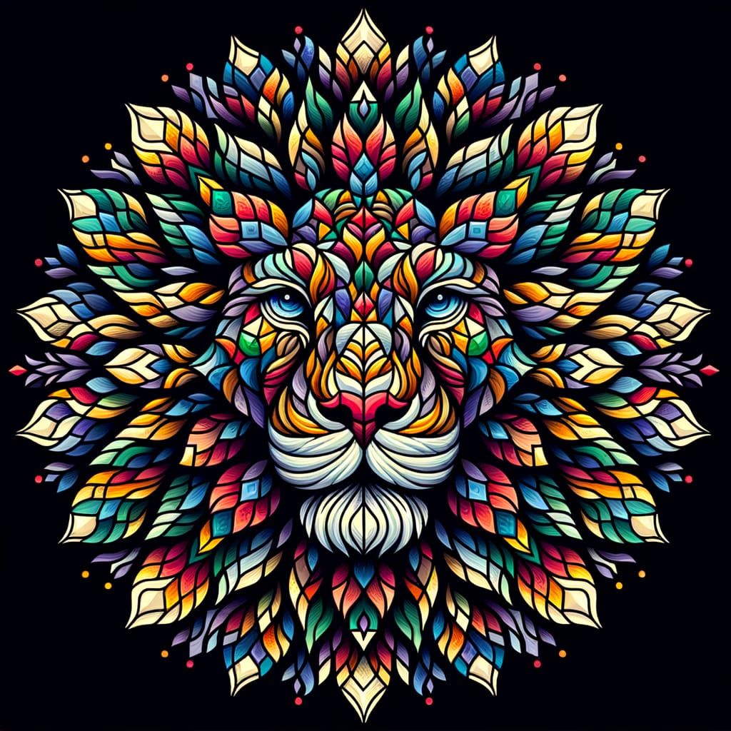 : A majestic lion's face is constructed from intricately mirrored geometric patterns, radiating outwards ...  by @Luna