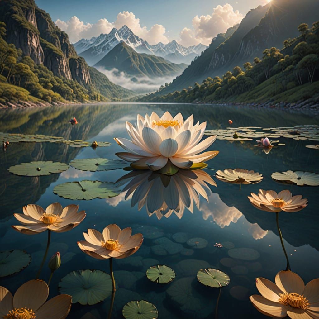 Tibetan-Inspired Lotus Mandala in Serene Mountain Lake Setti...