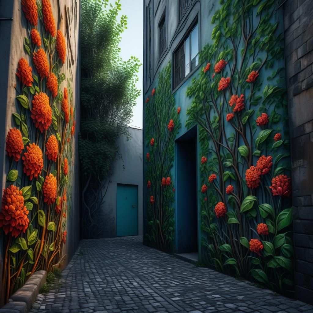 Walls in an alley painted to look like 2D trees and flowers  by @Dorian