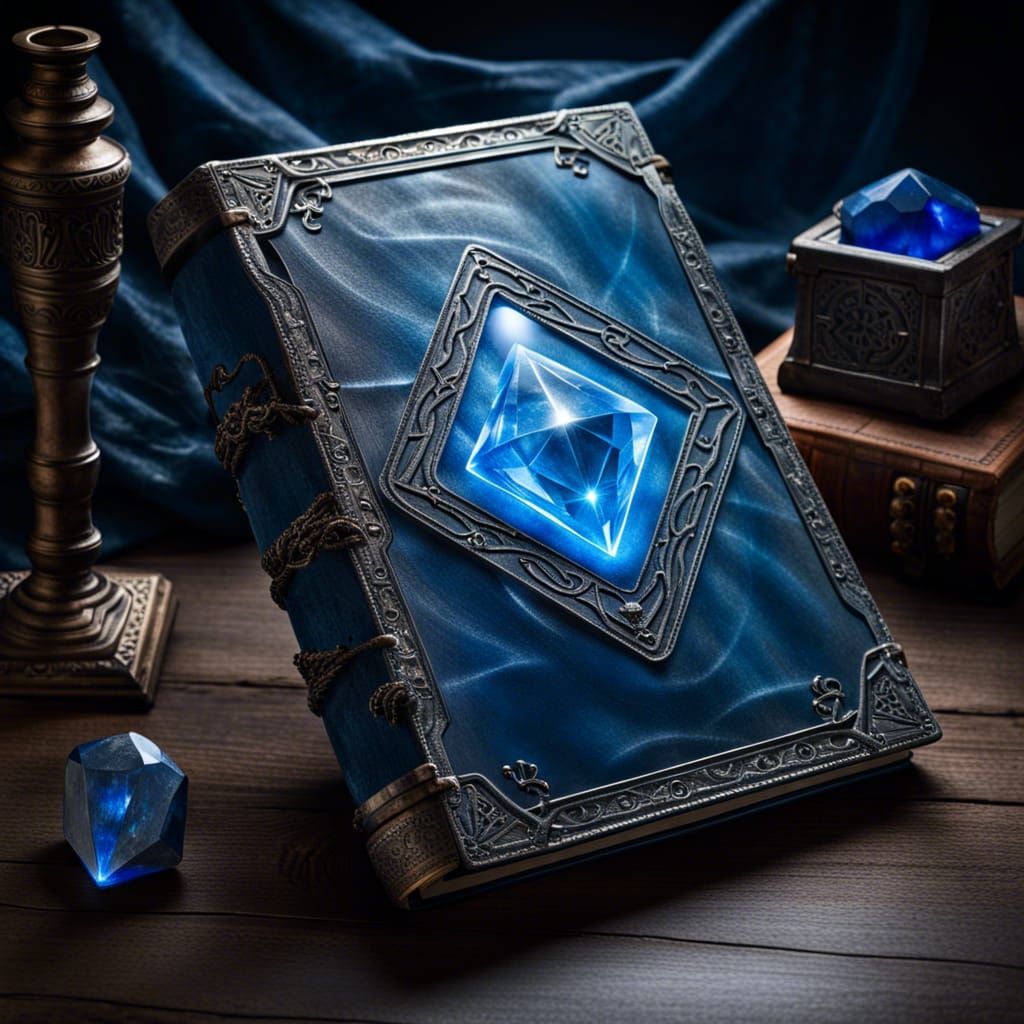 a sealed magic book with a blue crystal set in the middle. Runes are engraved on the cover  by @Altharan Thorzan