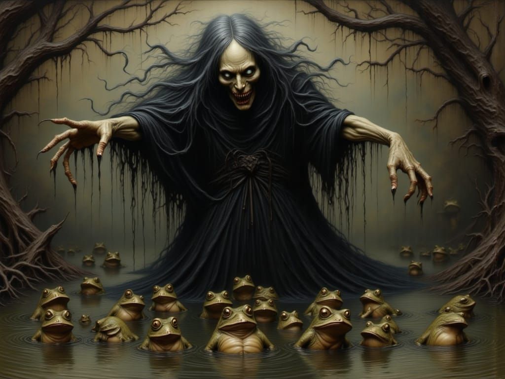 Gothic Swamp Witch with Frogs Oil Painting