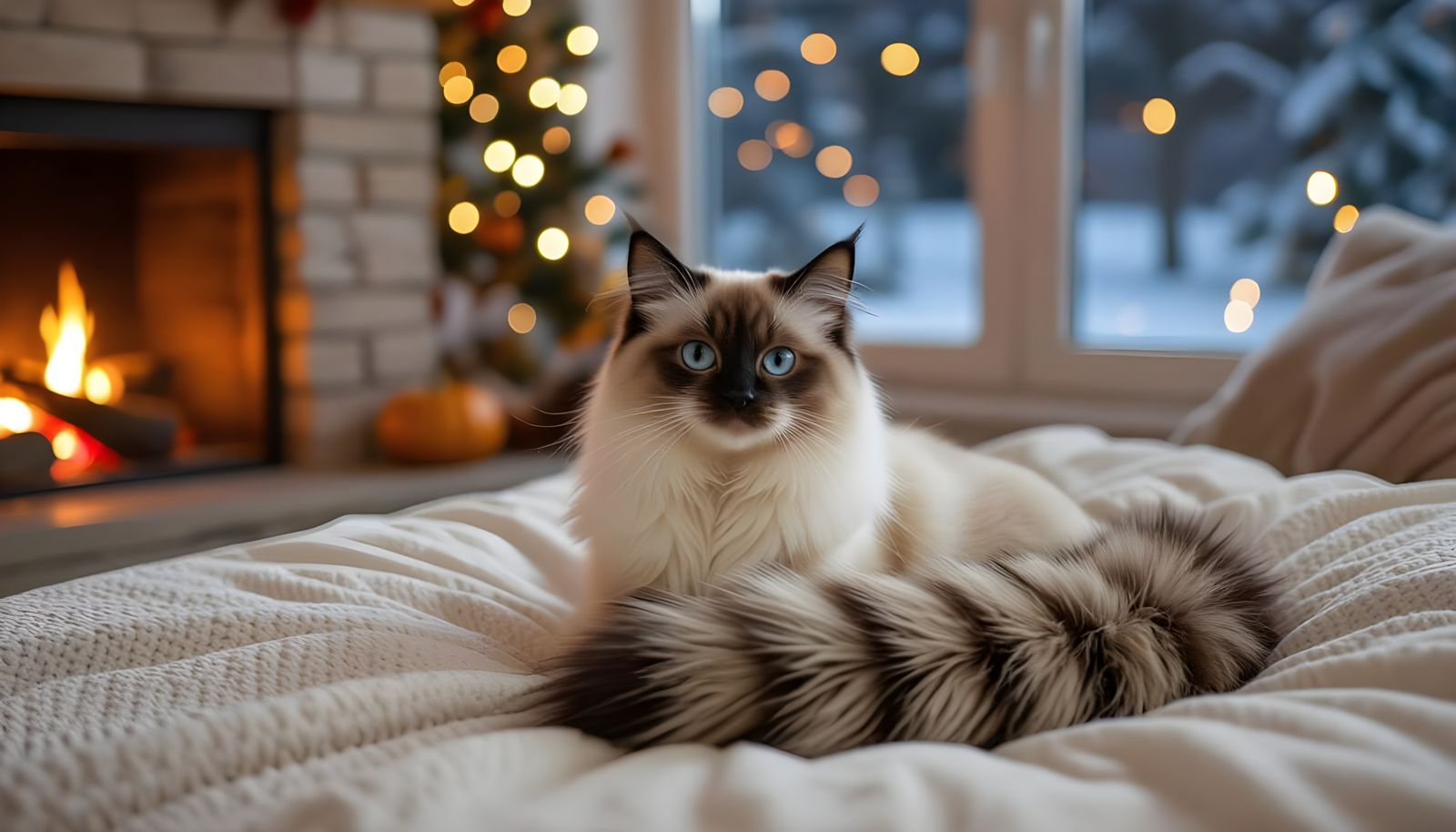cute siamese cat with a big fluffy racoon tail on a bed in front of a fireplace during an autumn night