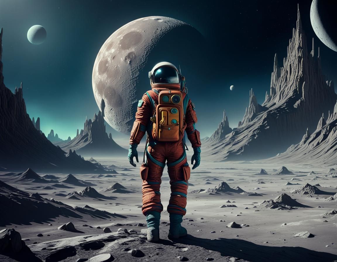 a hitchhiker standing on the moon, retrofuturism