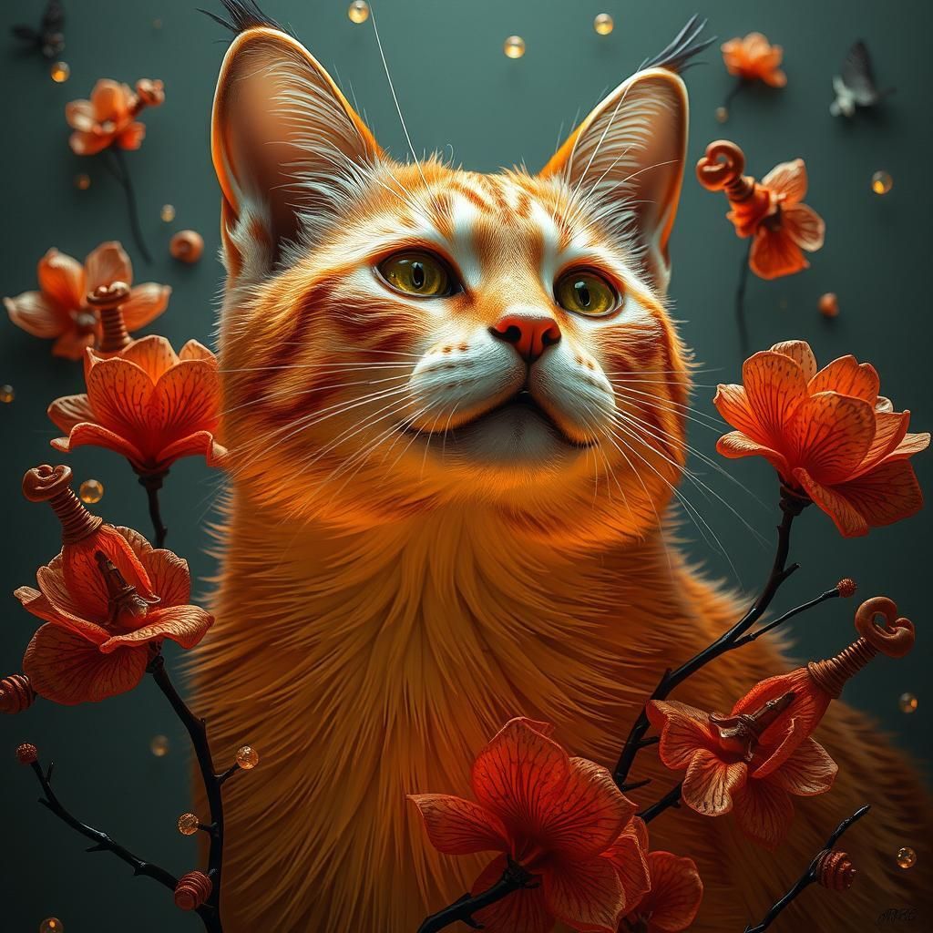 Portrait of cat with flowers.