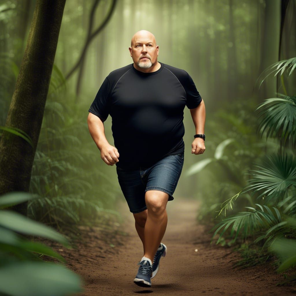 full body picture of a bald chubby white middle aged male with a goatee  only on his chin, wearing a black t-shirt and jean shorts with tenni... -  AI Generated Artwork -