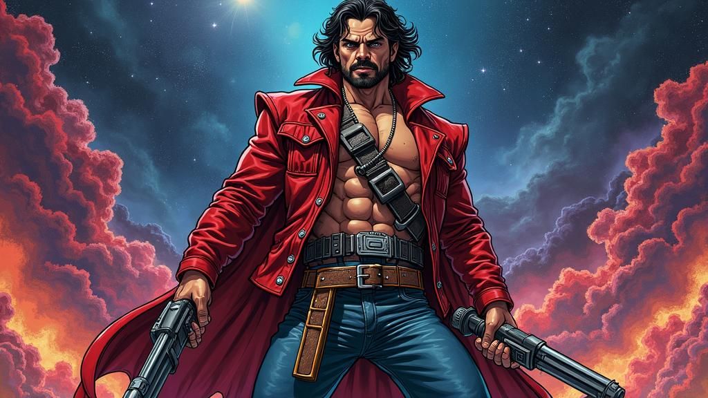 heroic rugged space pirate, coming from a baroque alien space empire, Classic 1980s Anime, Manga, 1980s Video Game Art