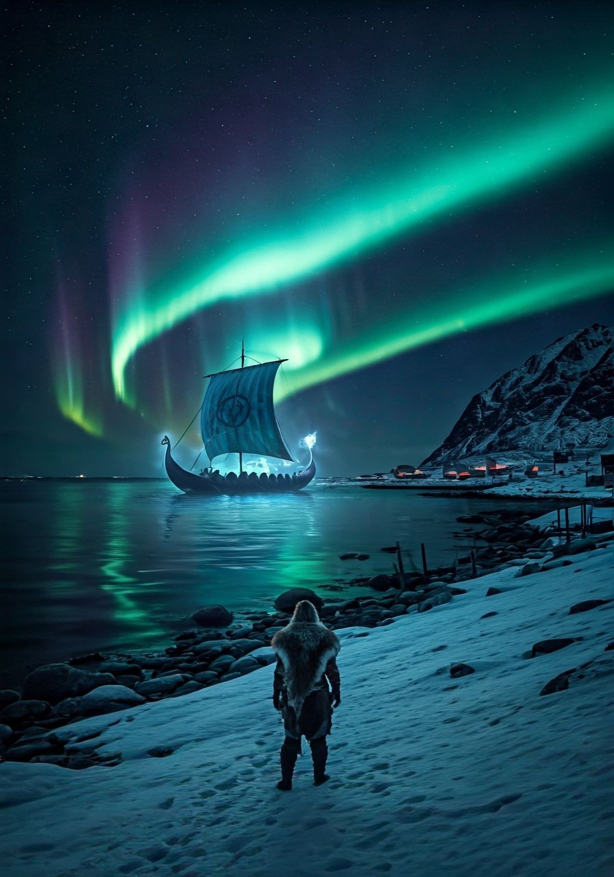 Coastal Norway, dead of night. Realism auroras light bounce off Snow in shattered Viking village; Above the black fjord, an apocalyptic auro...