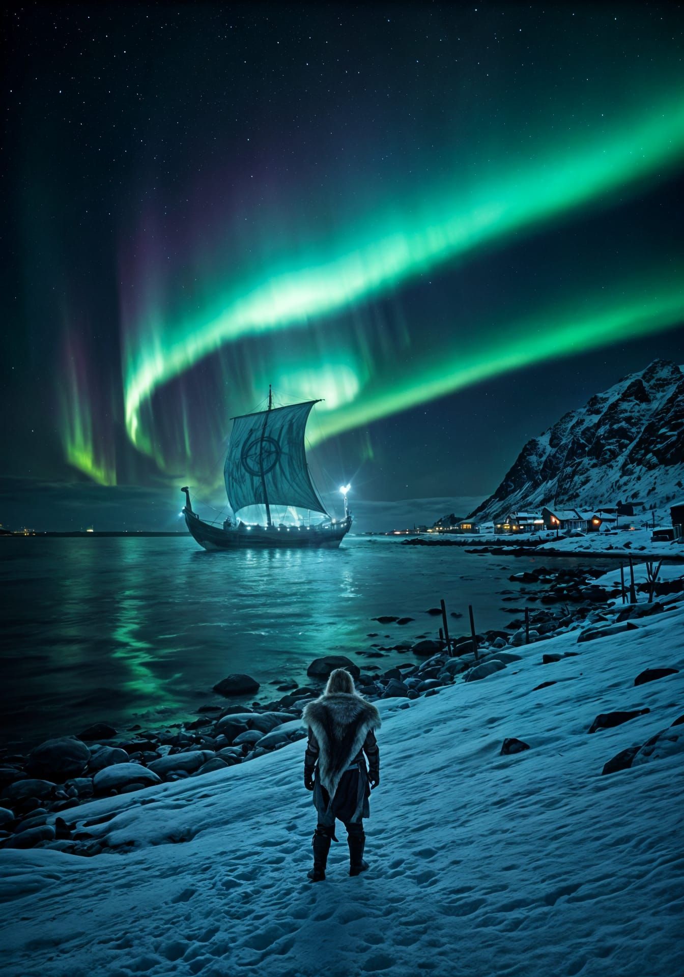 Coastal Norway, dead of night. Realism auroras light bounce off Snow in shattered Viking village; Above ...  by @Showy
