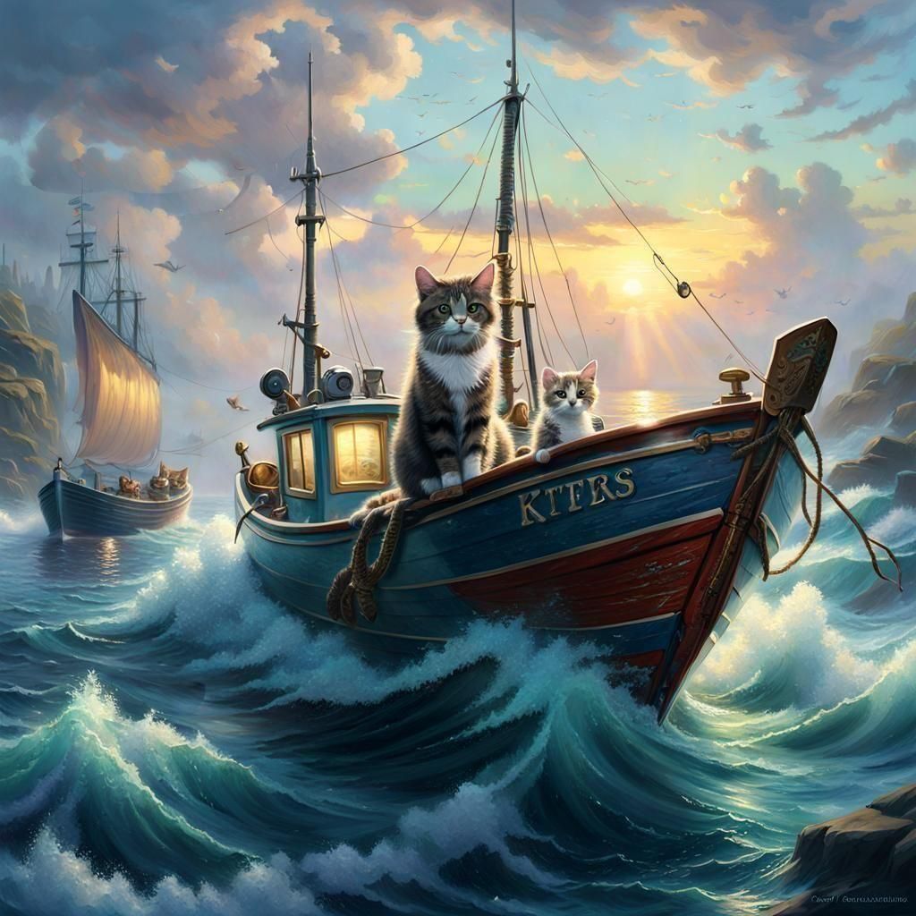 Cats Fishing with Kittens: Ethereal Fantasy Art