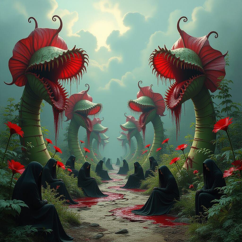 A garden full of colorful carnivorous plants, all kinds of oversized carnivorous plants with dead human ...  by @Tildar