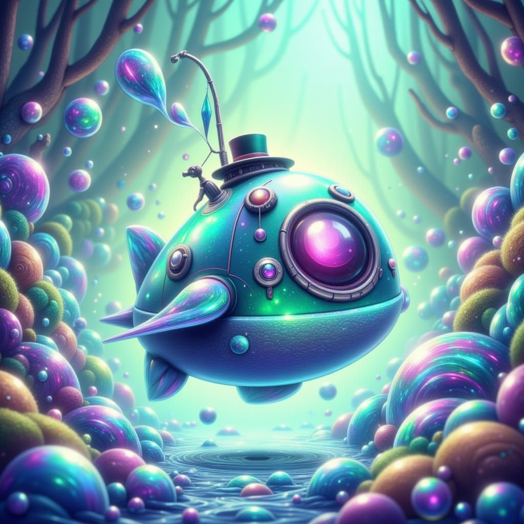 Silly microbes, retro-futuristic. A playful, anthropomorphic germ with a monocle and a tiny bowler hat, piloting a bubble-shaped submarine t...