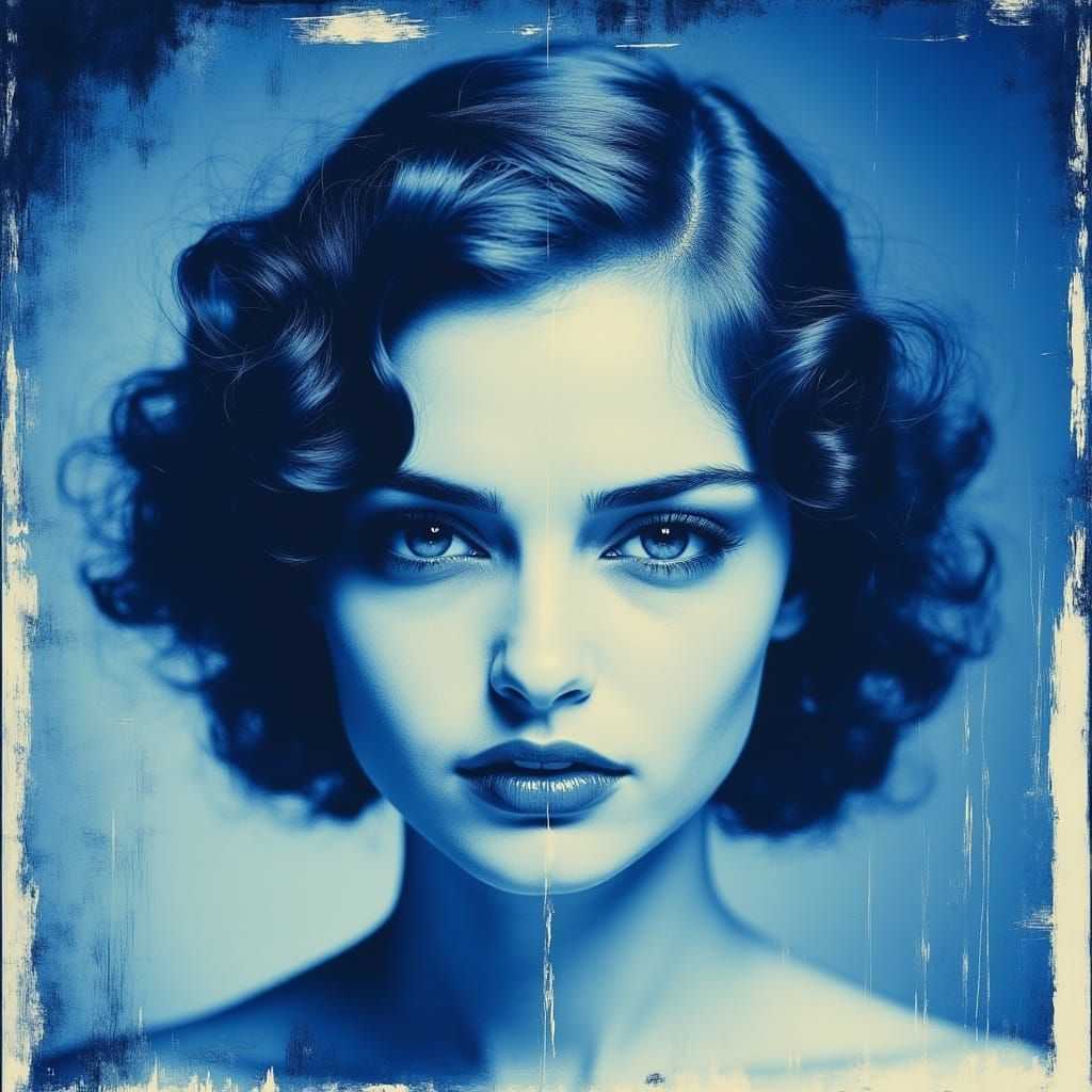 <lora:cyanotypeLike:1.0>cyanotype, blue, portrait of a flapper girl 
