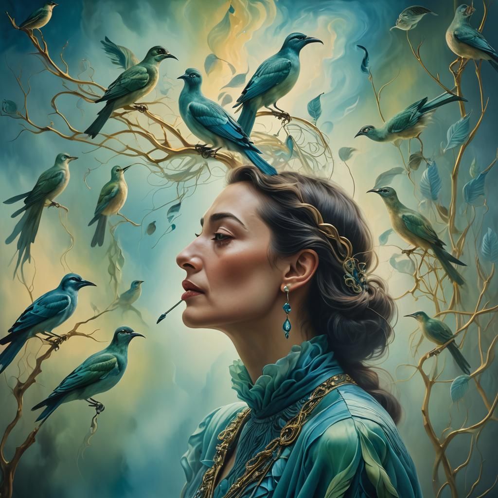 Surreal Bird Whisper in Dreamlike Oil Painting