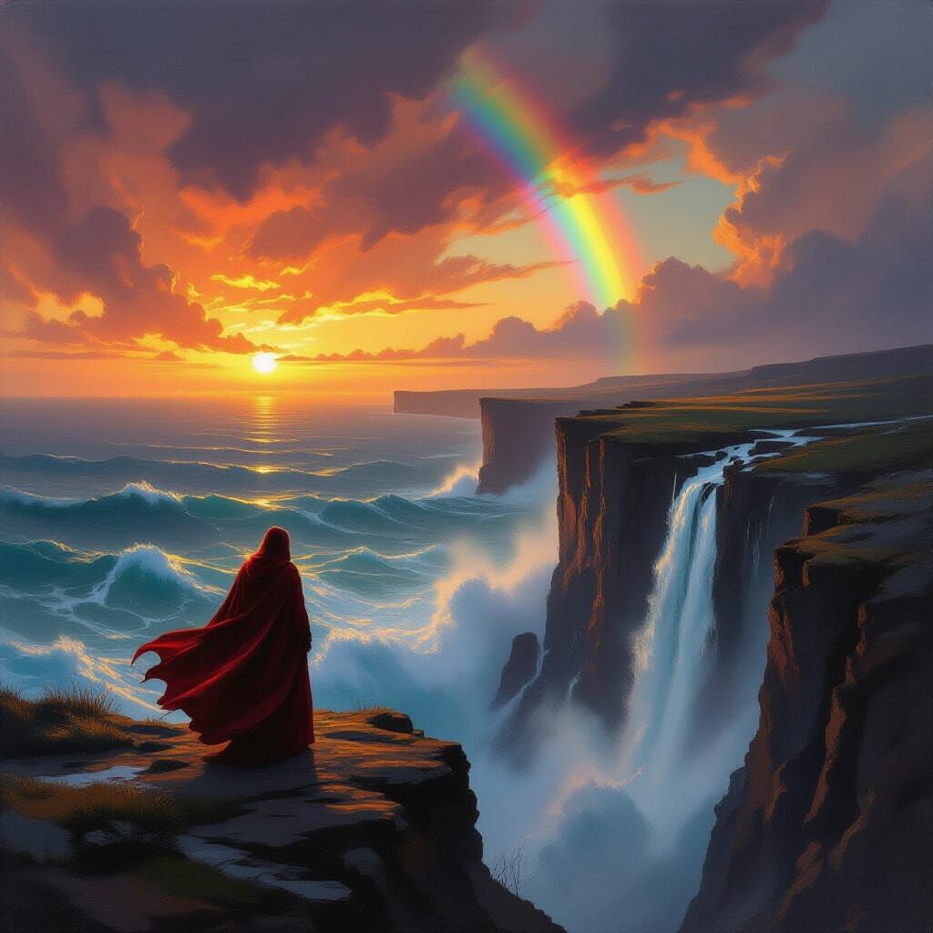 Crimson Cloaked Figure on Rugged Cliff Overlooking Turbulent...