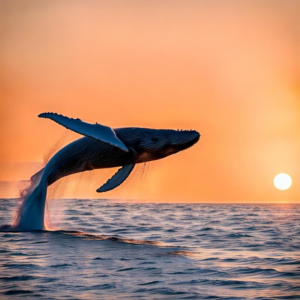 Blue whale breaching at sunrise